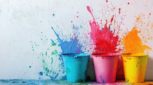 Three colorful paint buckets splattered on a pristine white wall, creating an abstract splash of vibrant hues and textures.