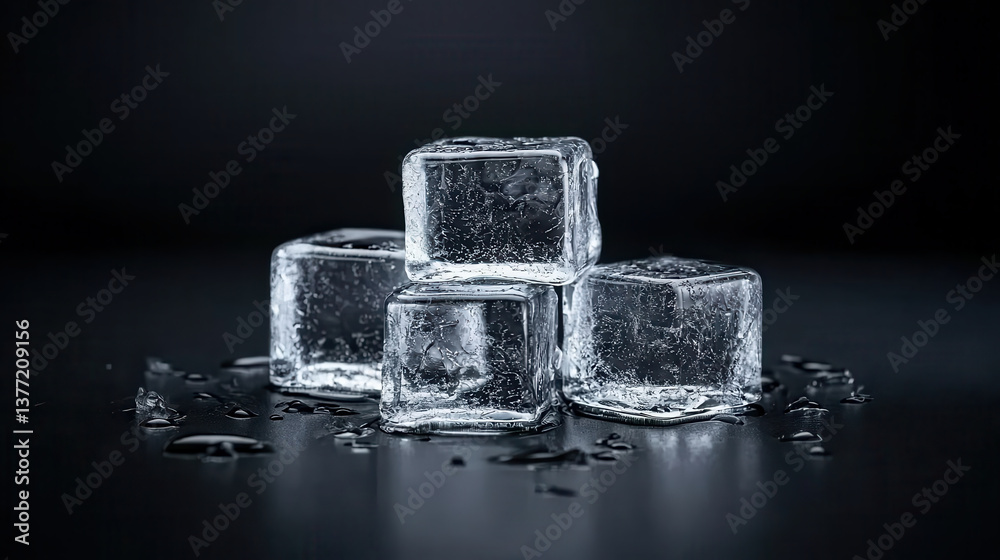 Aufkleber four ice cubes are stacked on dark surface, with light casting subtle shadows and reflections. melti
