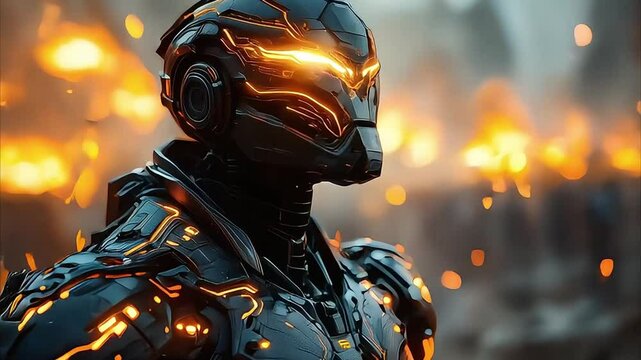 Futuristic Robot Warrior Standing Guard in Burning Cityscape