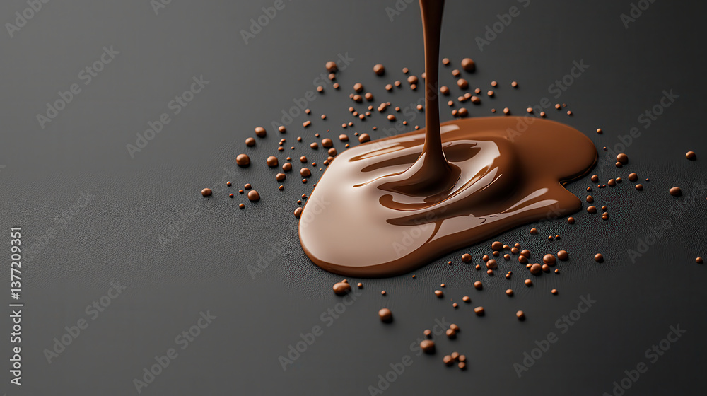 Poster molten chocolate in deep reddish brown tone is artistically dripping onto dark surface, creating smo