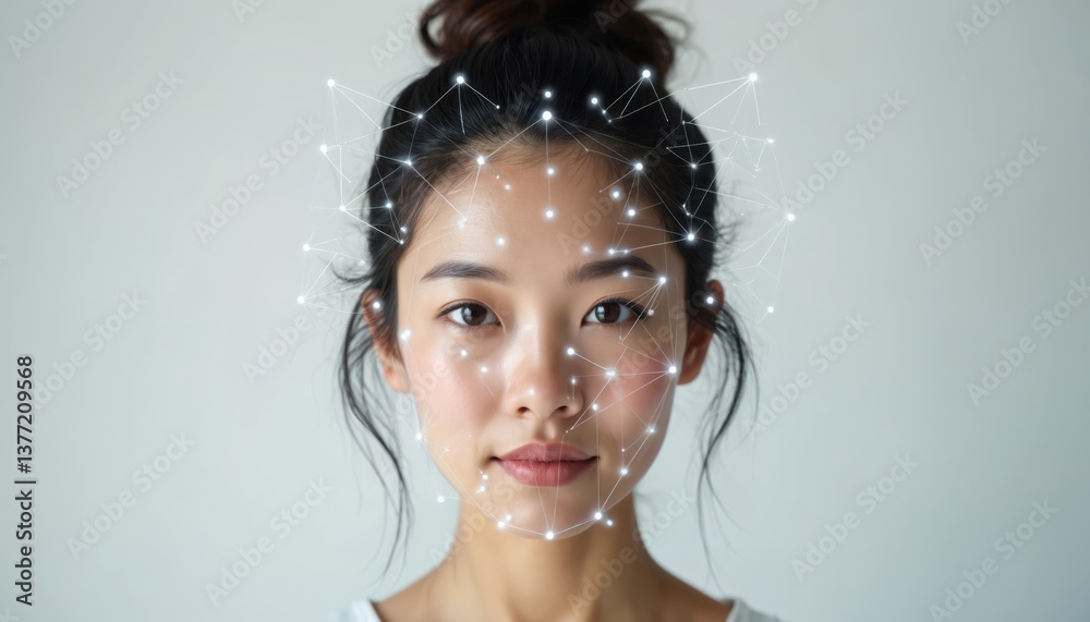Poster biometric facial recognition scanning young asian woman. digital identification process on white bac