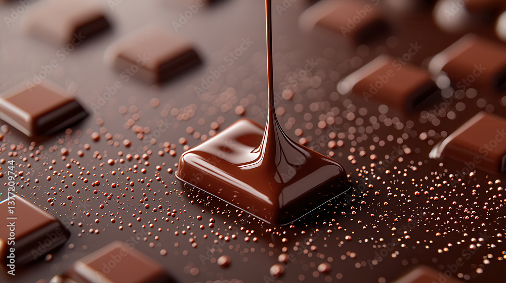 Poster stream of glossy melted chocolate pours onto square piece, surrounded by scattered chocolate squares
