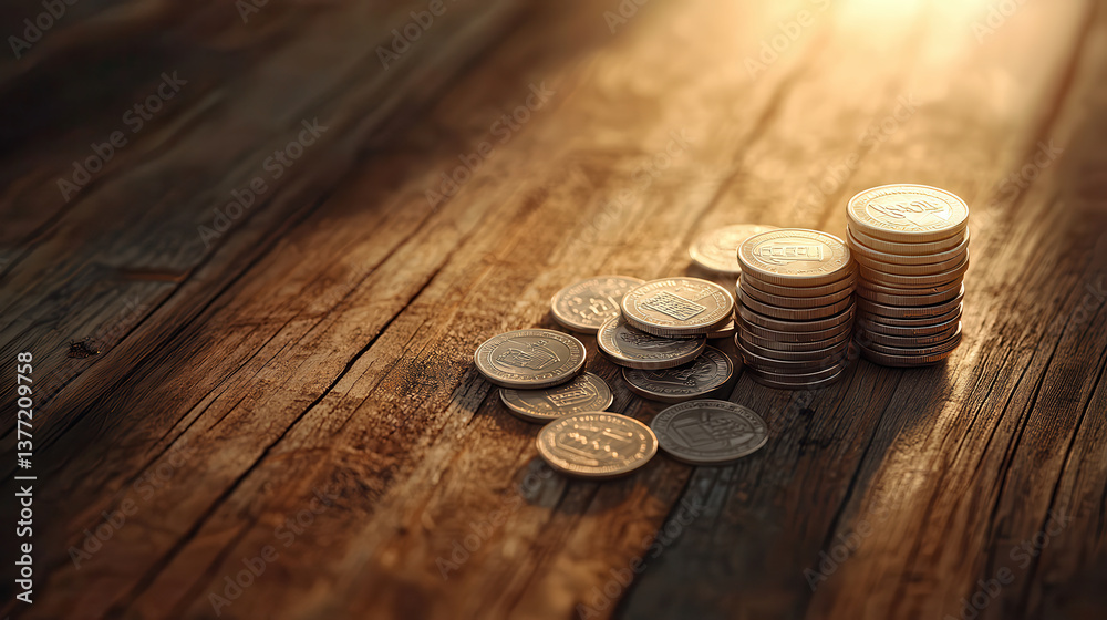 Aufkleber stack of coins and scattered coins are illuminated by soft, diffused lighting on rustic wooden surface, creating warm and inviting atmosphere