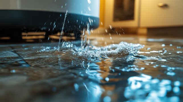 Water leaking from an old, damaged heater onto the floor, causing significant water damage and highlighting a home plumbing issue.