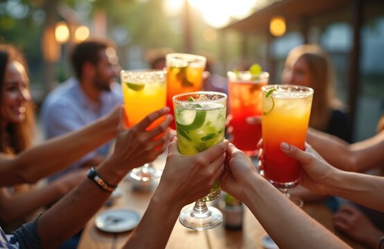 Friends cheer mojito cocktails at bar restaurant. Group of people toasting, happy event with drinks. Summer fun on patio, party, celebration, fun time with people, nightlife.
