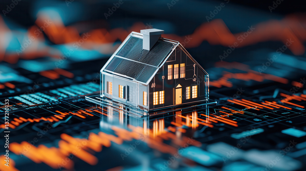 Aufkleber modern 3D scene of white house with solar panels sits on digital financial chart, symbolizing real estate investment and technology integration. glowing windows add warmth