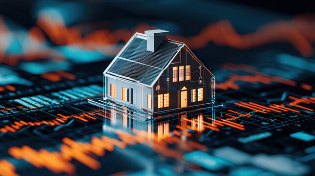 modern 3D scene of white house with solar panels sits on digital financial chart, symbolizing real estate investment and technology integration. glowing windows add warmth