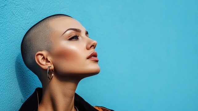 Stylish Woman with Bold Buzz Cut Hairstyle Against Blue Background