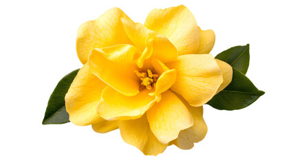 Fototapeta premium Vibrant yellow camellia flower bloom with lush green leaves isolated transparent background
