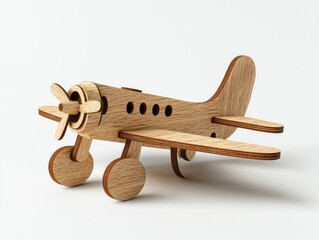 Detailed Wooden Airplane Model on White Background with 3D Perspective and Unique Design Elements