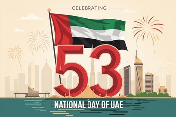 Celebrating the 53rd National Day of UAE with fireworks and skyline.