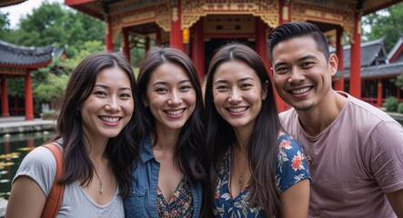 Fototapeta premium Happy friends smiling in pagoda style temple with a koi pond background portrait photo 
