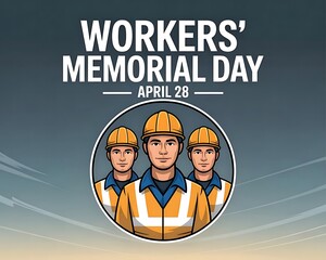 Workers' Memorial Day illustration featuring three construction workers.