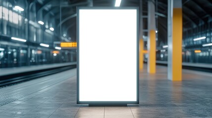 Blank white billboard or advertisement display in a minimalist well lit indoor architectural corridor or subway station platform