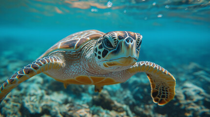 Obraz premium Majestic sea turtle gracefully glides through vibrant coral reef turquoise water close up view