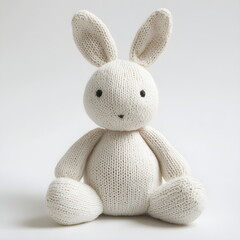Fototapeta premium A knitted soft white rabbit plush toy, handcrafted with delicate wool, isolated on a clean white background. Its cozy texture and charming details make it a perfect decorative or gift item.
