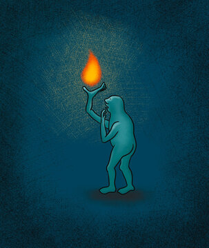 Caveman discovers fire