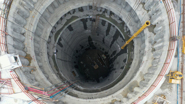 Aerial View of Construction Shaft with Round Walls and Equipment