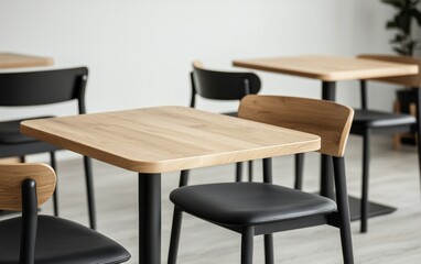 Light wooden square table with black metal legs and two black chairs in a minimalist cafe setting. 