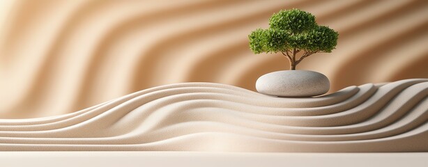 A serene landscape featuring a small tree atop a smooth stone, surrounded by gentle waves of sand. This peaceful scene evokes tranquility and harmony with nature.