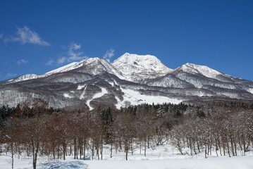 快晴の雪景色の妙高高原 妙高山山ろくにゲレンデが広がる