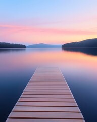 Naklejka premium A serene sunset over a calm lake with a wooden dock extending into the water. The sky is painted in soft hues of pink and purple, reflecting beautifully on the tranquil surface.