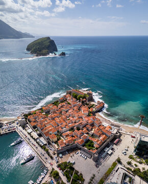 Budva Old town and Sveti Nikola Island, drone photography