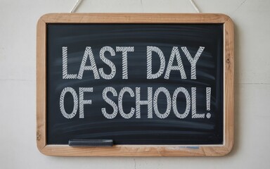 Chalkboard with 'Last Day of School!' written in bold letters, signifying the end of the academic year.