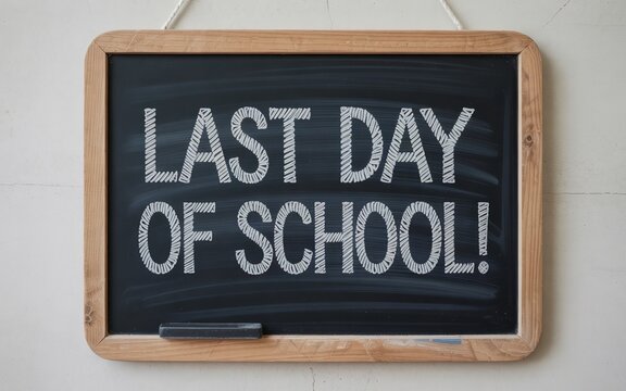Chalkboard with 'Last Day of School!' written in bold letters, signifying the end of the academic year.
