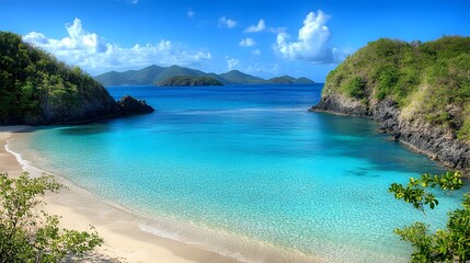 Obraz premium Stunning beach showcasing clear blue ocean waters under bright sunlight in a tropical paradise