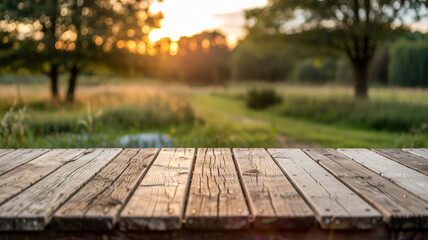Wooden deck foreground blurred nature background sunlit meadow green trees