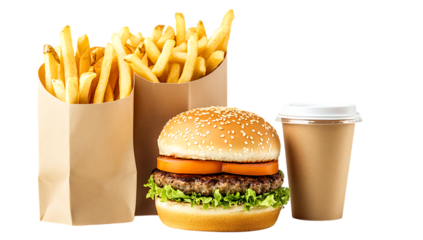 Delicious burger french fries and drink combo meal for fast food lunch or dinner take out order