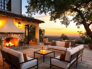 Fototapeta premium A serene outdoor seating area by the fireplace at sunset, perfect for relaxation.