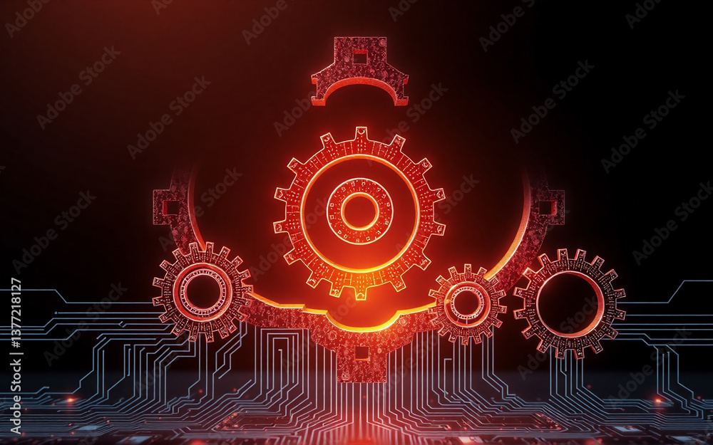 Poster glowing gears and circuit patterns are arranged in a digital design against a dark backdrop. red and