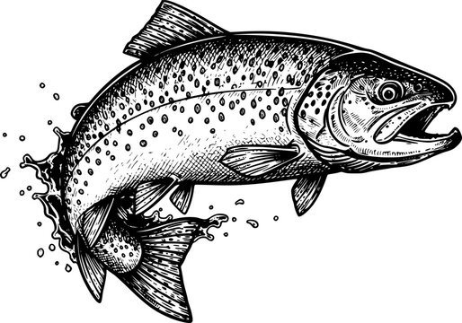 black and white trout jumping in water clip art preview