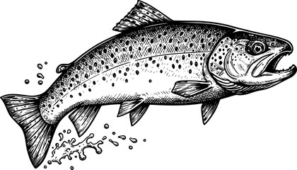 Fototapeta premium rainbow trout fish engraving black and white outline 