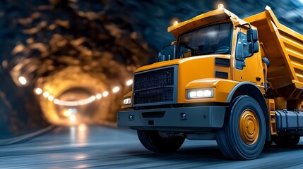 Naklejka premium Dramatic underground tunnel with large mining trucks and powerful excavators traversing the metallic support structures that line the massive cavern illuminated by dramatic lighting