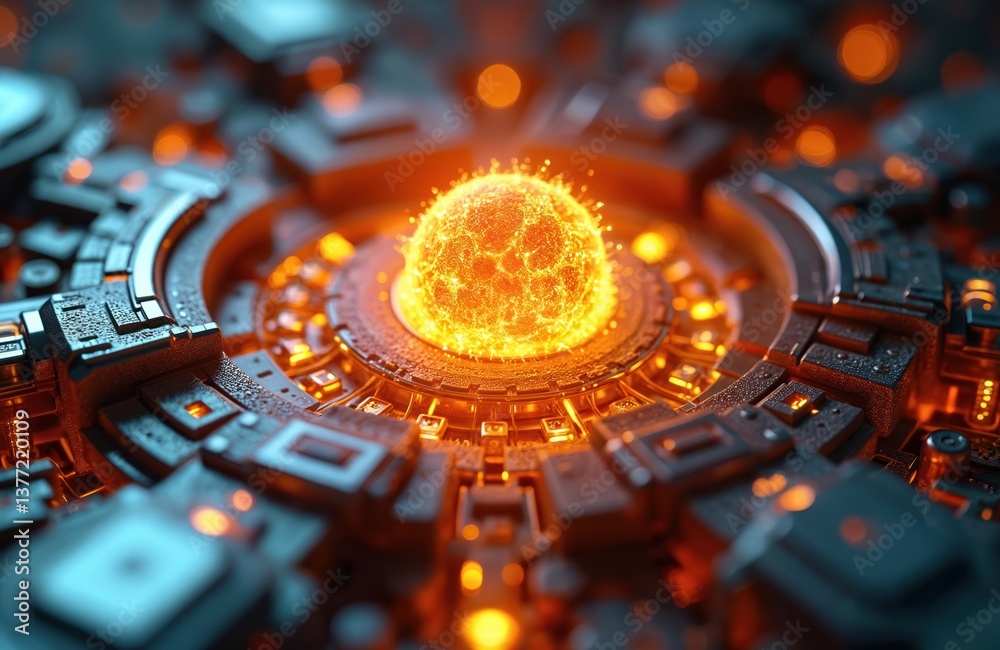 Poster close-up of hypothetical fusion reactor containing tiny sun. glowing orange energy ball core inside 