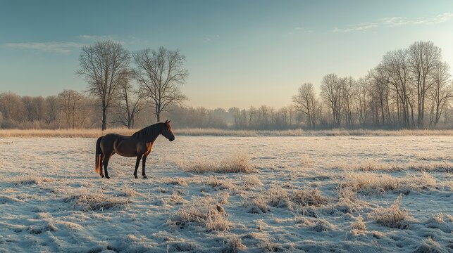 Beautiful horse standing in frosty winter field at dawn amidst leafless trees - Powered by Adobe