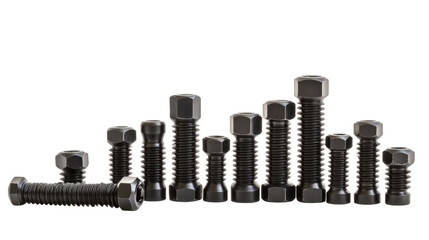 Variety of screws and bolts, organized in sizes, Transparent background, PNG file,