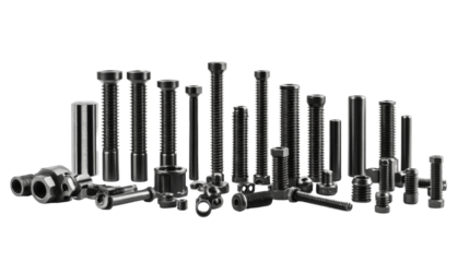 Variety of screws and bolts, organized in sizes, Transparent background, PNG file,