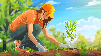 young woman planting flowers