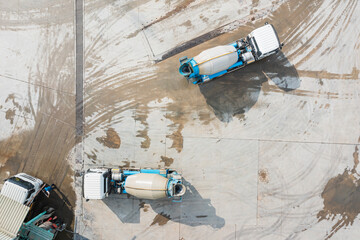 Aerial View of Cement Plant and Mixer Trucks