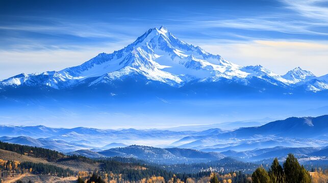 Majestic view of snow-capped mountain range surrounded by lush green valleys under a bright clear blue sky 
