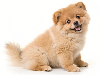 Obraz premium Adorable Fluffy Pomeranian Puppy Sitting Happy Expression White Background