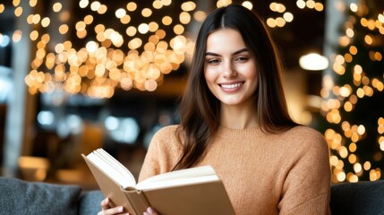 Woman Sitting Comfortably on Couch Engrossed in Reading a Book Enjoying