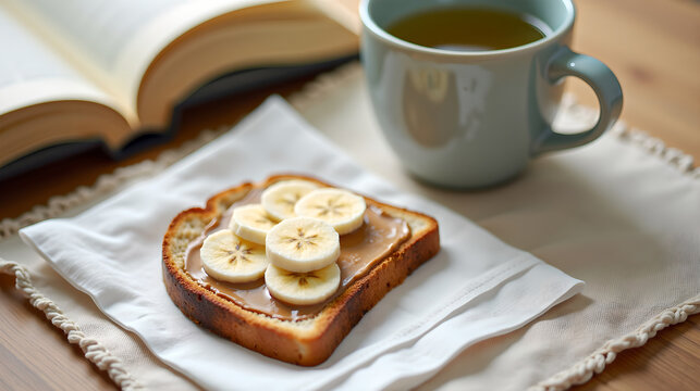 A slice of toast with peanut butter and sliced bananas, placed directly on a white napkin, beside an opened book and a cup of coffee