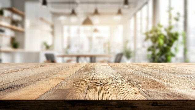 Modern office space, wooden table top