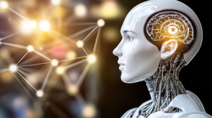 Profile of a White Female Humanoid Robot with Visible Circuitry and Network Connections in the Background