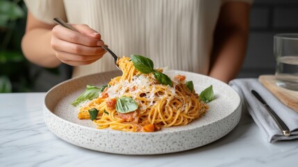 Woman Enjoying Delicious Plate of Spaghetti in Cozy Dining Setting
